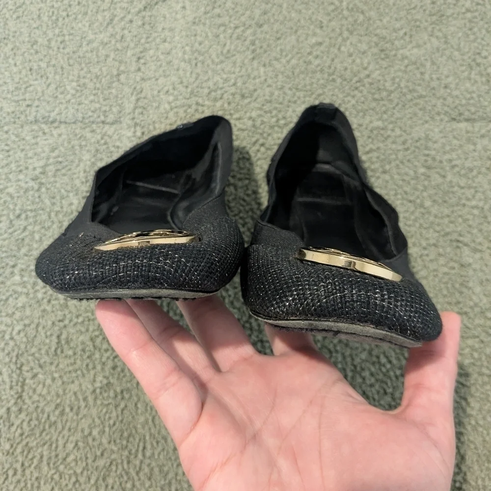 Tory Burch Black Gold Tweed Leather Emblem Slip-On Caroline Ballet Flats 7.5 M